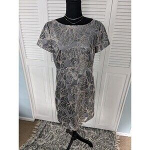 Tahari Dress Women 8 Gray Sequin Mesh Embroidery Party Silver Formal Floral Glam